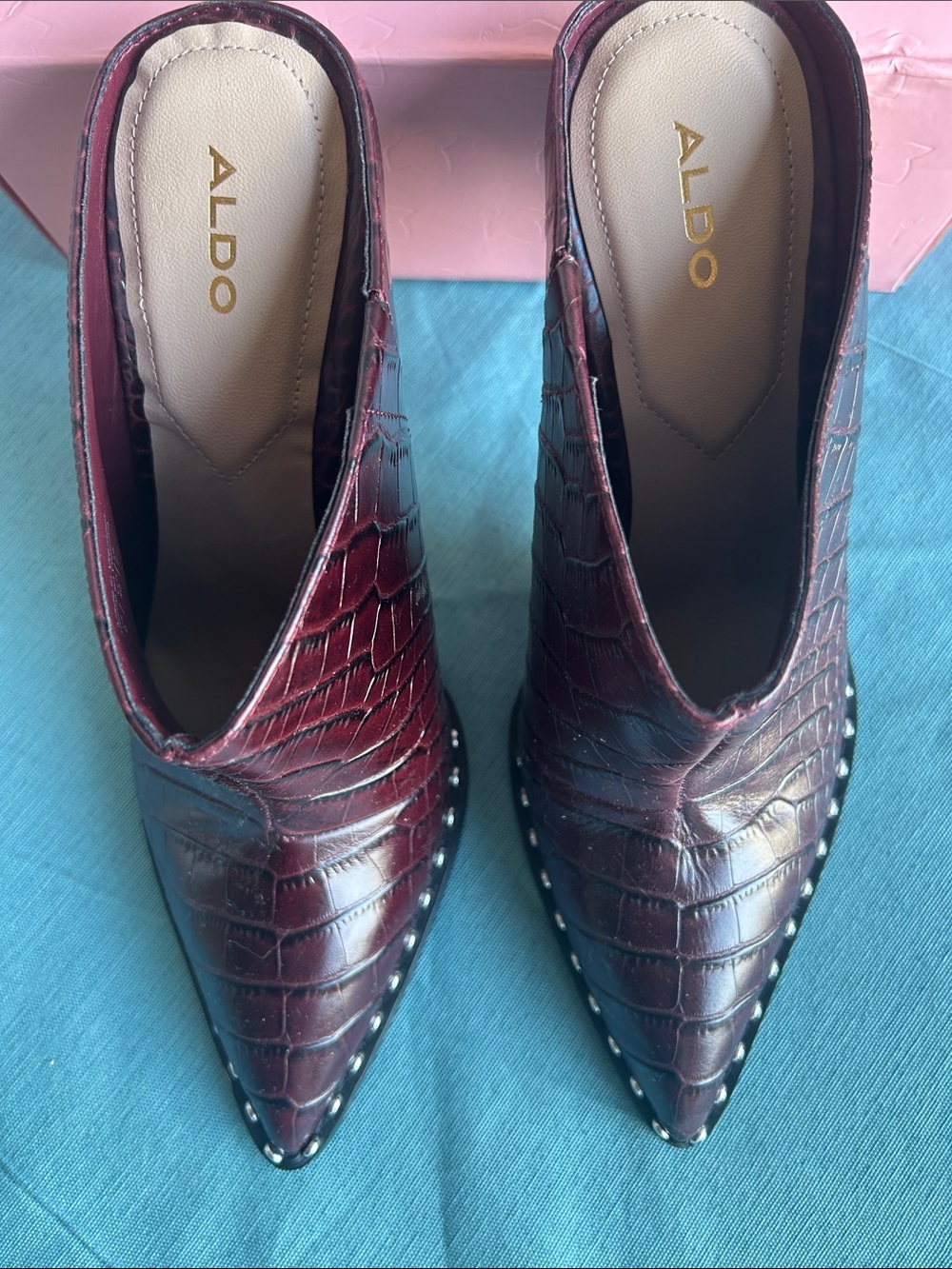 ALDO Burgundy Croc-Embossed Pointed Toe Studded Mules